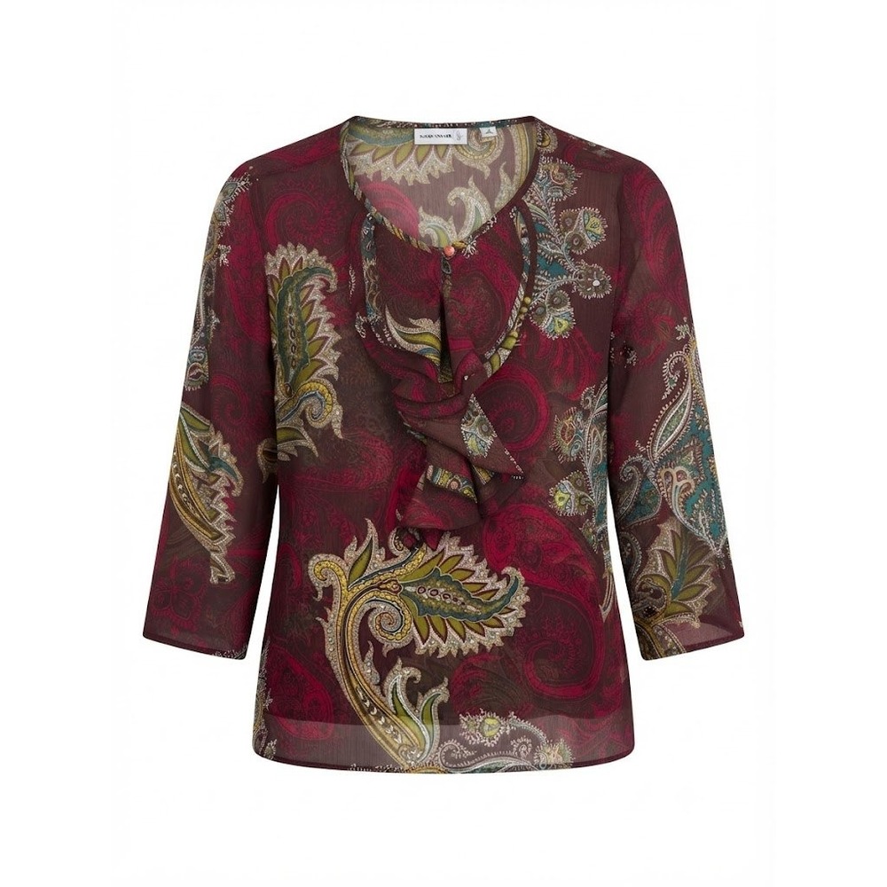 Susan Graver Womens Large Red Paisley Ruffle Front Semi-sheer Blouse Shirt - IW‎